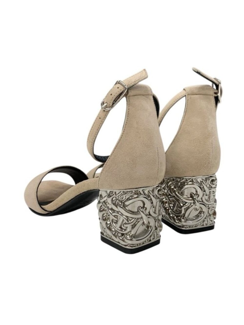 Hermes Gram 60 Sandals Shoes Suede Beige Silver Chaine D'ancre Metal Heel Strap - Picture 5 of 11